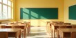 © DeeDay - Bright Sunlit Classroom with Empty Desks and Green Chalkboards Ready for Students