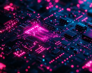 Poster - Detailed view of a circuit board with glowing pink and blue chips, reflecting the cuttingedge technology and AI s transformative power across industries