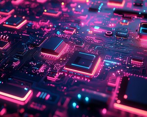 Poster - Detailed view of a circuit board with glowing pink and blue chips, reflecting the cuttingedge technology and AI s transformative power across industries