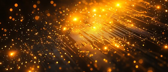 Poster - Dynamic abstract background featuring glowing yellow lights connected by intricate lines on a circuit board, embodying the theme of technological progress