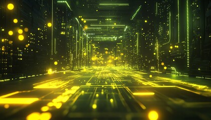 Leinwandbilder - Futuristic abstract background with glowing yellow lights interconnected by a web of lines and connections on a circuit board, representing technological innovation