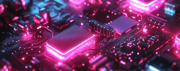 Poster - Futuristic circuit board with glowing pink and blue chips, representing the rapid advancements in AI technology and its influence on various industries