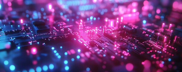 Poster - Highresolution closeup of a circuit board with glowing pink and blue chips, showcasing the technological evolution driving AI s influence in diverse sectors