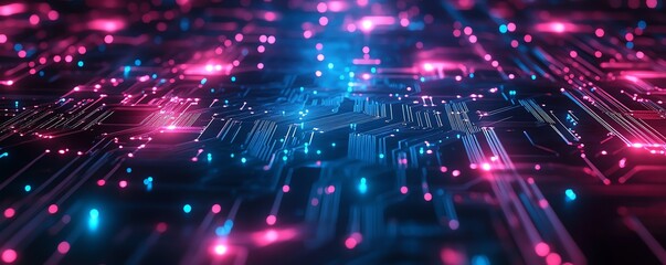 Poster - Highresolution closeup of a circuit board with glowing pink and blue chips, showcasing the technological evolution driving AI s influence in diverse sectors