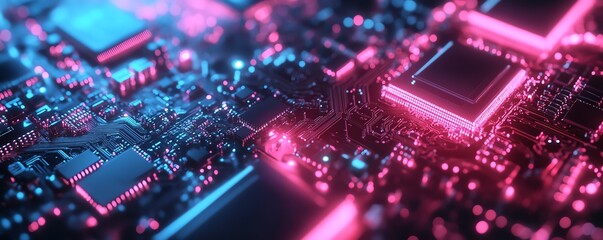Poster - Highresolution closeup of a circuit board with glowing pink and blue chips, showcasing the technological evolution driving AI s influence in diverse sectors