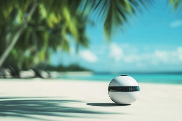 Wall Mural - White spherical device on sandy beach with palm trees and clear blue ocean in the background