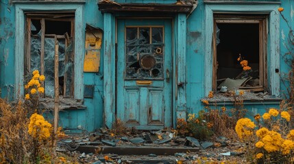 Abandoned blue house with overgrown garden and pumpkins during autumn