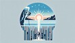 © MOSTAFAMONOWAR - A minimal graphic style image of a lake with an ice climber on a frozen waterfall and a sun rising over a mountainous horizon in the background.