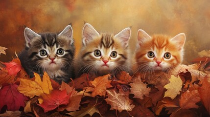 Naklejka na meble Curious kittens playing in autumn leaves on cinnamon background