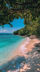 Poster - Serene beach view with gentle waves and lush greenery on a sunny day