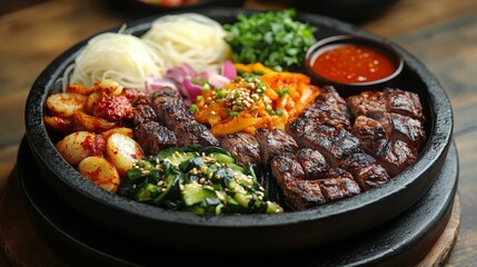 Canvas Print - Grilled beef platter served with assorted vegetables and traditional Korean side dishes at a dining table