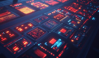 Futuristic control panel with glowing red and blue digital displays and buttons.