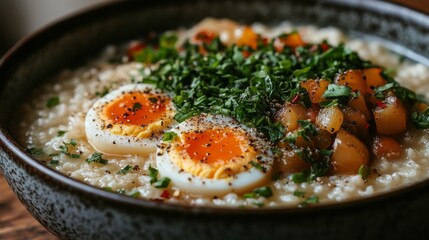 Canvas Print - Delicious bowl of oatmeal topped with vegetables and soft-boiled eggs served with herbs