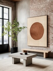 Wall Mural - Elegant Minimalist Interior with Enormous Rust Colored Artwork