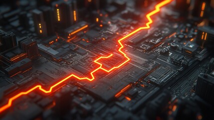 Glowing orange line on dark circuit board.