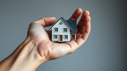 Small house model in hand. Concept of homeownership, real estate, and property.