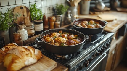 Wall Mural - Homemade bread and baked dish on rustic kitchen counter with natural light in a cozy setting