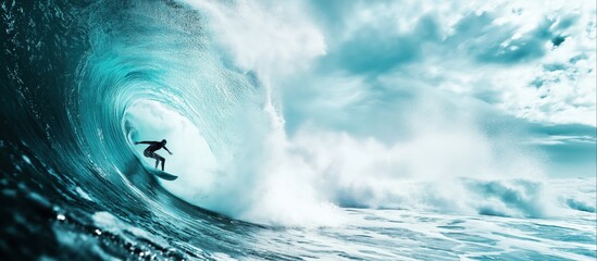 Silhouetted surfer riding massive turquoise wave barrel in dramatic ocean scene. Epic action capture shows extreme water sports, perfect wave conditions and raw natural power. 8k