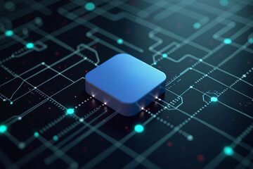 Canvas Print - a blue square on a circuit board, representing digital technology and ai.