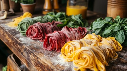 Aufkleber - Vibrant strands of pasta in red, green, and yellow are artistically placed on a wooden table. Fresh spinach sits alongside, hinting at a delicious dish that showcases homemade ingredients.