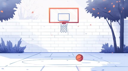 Wall Mural - Outdoor basketball court with hoop and ball.