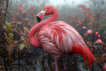 Wall Mural - Graceful pink flamingo captured in a stunning close-up, highlighting its vibrant feathers, elegant curves, and serene beauty. A perfect representation of nature’s artistry.