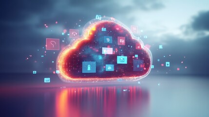 Glowing cloud computing network with digital icons.