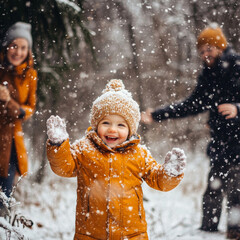 Happy child joyfully playing in the snow with parents in a winter forest on a snowy day