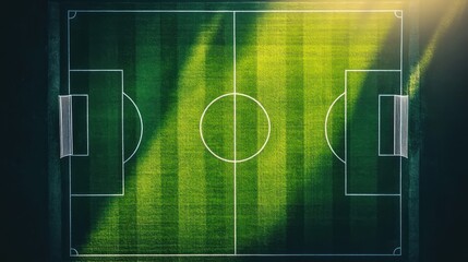 Wall Mural - Aerial view of empty soccer field, sunlight.