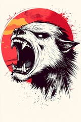 Wall Mural - A snarling werewolf head against a red sunset, ink-style illustration.