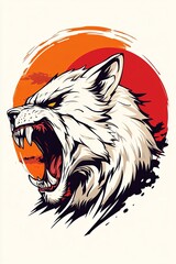 Wall Mural - A snarling white wolf's head against a fiery sunset, depicted in a vibrant, stylized illustration.