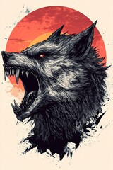 Wall Mural - A snarling wolf's head against a fiery sunset. Detailed illustration with sharp teeth, red eyes, and textured fur.