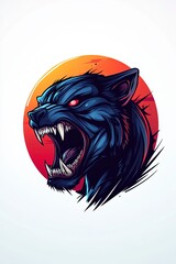 Wall Mural - A stylized illustration of a snarling blue panther's head against an orange circle.