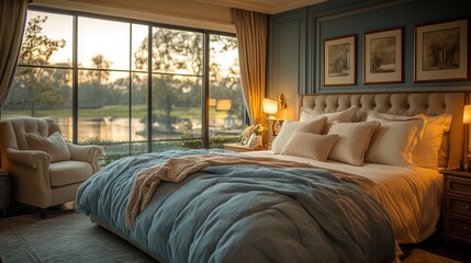 Poster - Warm sunset light fills a cozy bedroom with elegant decor. A large window showcases a beautiful outdoor view, making the space inviting and serene.
