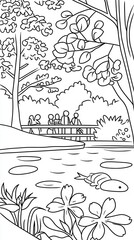 Canvas Print - A serene lakeside garden coloring book scene featuring a koi pond surrounded by cherry blossom trees, a small wooden bridge, and families enjoying a picnic. Add soft ripples in the water, detailed 