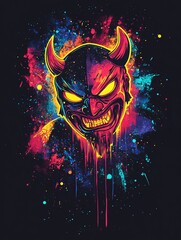 Poster - Colorful abstract art of oni mask with horns, vibrant splashes and dark background.