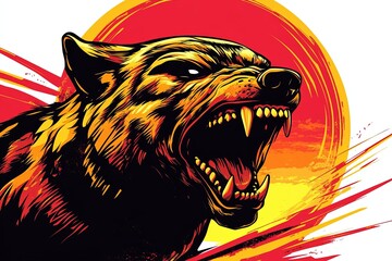 Wall Mural - Fierce wolf's head snarling against a fiery red and yellow sunburst background.