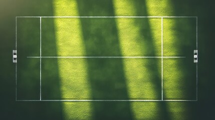 Wall Mural - Aerial view of empty green sports field with sunlight shadows.