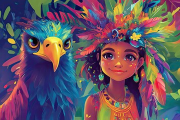 Canvas Print - Vibrant Girl and Eagle in a Tropical Feather Headdress