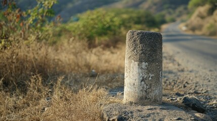 Wall Mural - Weathered Milestone on a Scenic Rural Road in Warm Light