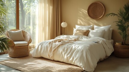 Poster - Bright and airy bedroom showcases a comfortable bed with soft linens, a textured rug, and natural decor elements. Large windows allow sunlight to enhance the tranquil atmosphere.