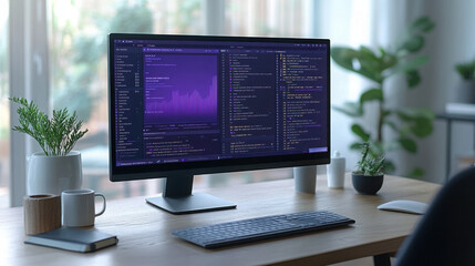 A computer on a desk in an office where programmers work.