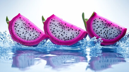 Three vibrant pink dragon fruit slices splashing in cool water.