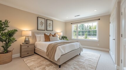 Poster - Bright and inviting bedroom featuring a comfortable bed, decorative pillows, and two lamps on bedside tables, complemented by large windows and indoor plants.