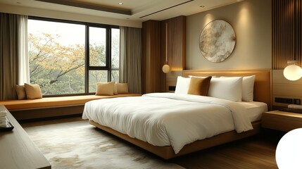 Poster - This spacious hotel room features a large bed with soft linens, stylish furnishings, and a cozy seating area by the window overlooking lush greenery, creating a peaceful retreat.