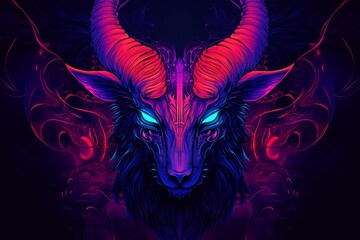 Wall Mural - Neon-lit ram head with glowing eyes and ornate horns against a dark, smoky background.