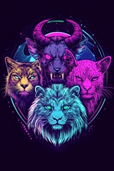 Wall Mural - Neon-style illustration of four majestic big cats, including a demonic creature, arranged in a striking composition.