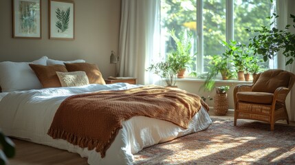 Poster - This inviting bedroom features a large bed with warm blankets and several potted plants. Soft sunlight filters through the window, creating a peaceful ambiance perfect for unwinding.