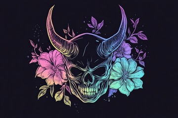 Sticker - Pastel rainbow skull with horns and flowers on dark background.