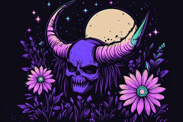 Wall Mural - Pastel skull with horns amidst blooming flowers under a night sky with a full moon.